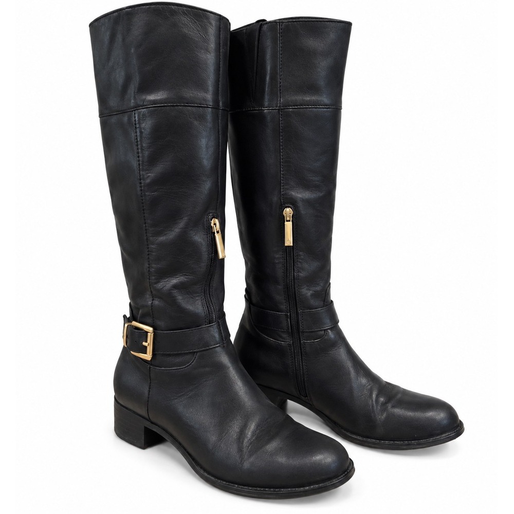 Black Leather Knee High Riding Boots Womens 7.5 M Gold Buckle Zip Low Heel